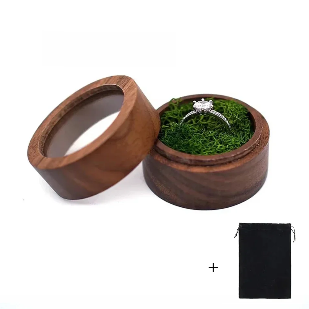 Customized Walnut Wood Round Ring Box with Clear Cover - Free Name and Date Engraving
