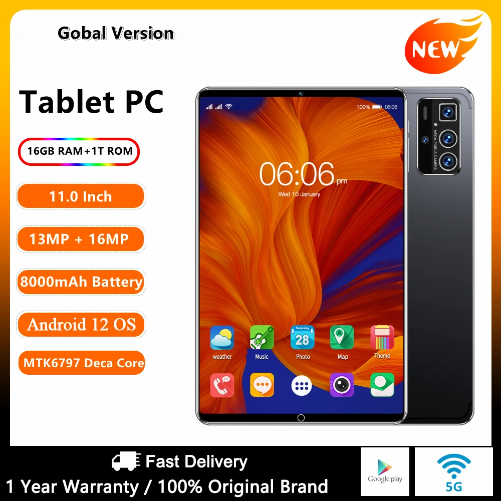 2024 Nuovo Tablet Originale Da 11 Pollici Android12 16Gb 1T Dual Sim 5G Telefonata 10 Core Wps Gps Bluetooth Rete Gps Wps Tablet Pc