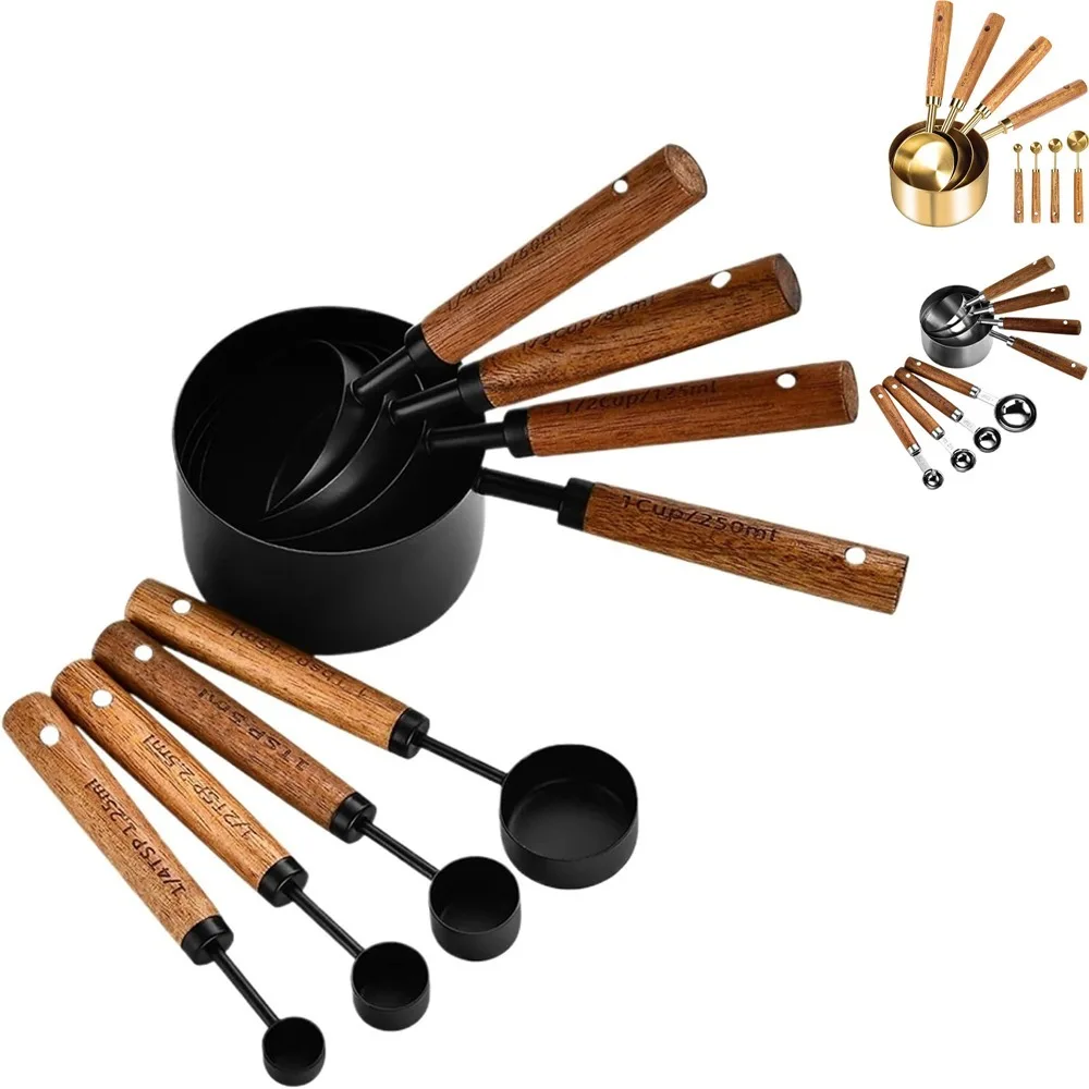Measuring Cup and Spoon Set 8 Piece Stainless Steel with Wooden Handle Baking Coffee Tools