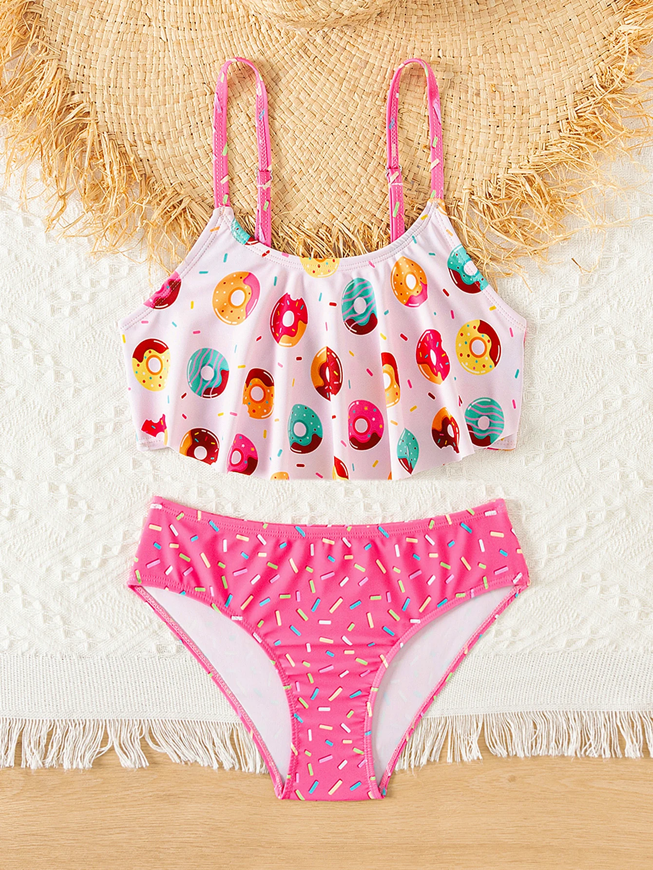 Donut Print Ruffle Deco Girls Kids 2-piece Swimsuit for Summer Beach Outdoor girls swimsuit