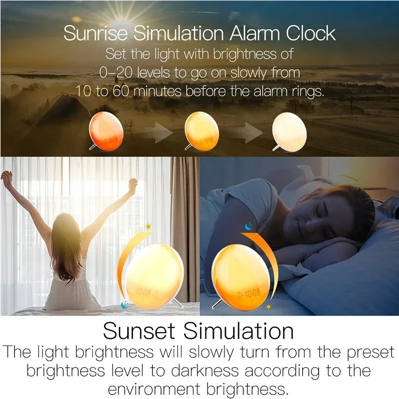 WiFi Smart Wake Up Light Workday Clock Sunrise Sunset Simulation 4 Alarms Works with Alexa Google Home Tuya App Remote Control smart wake clock