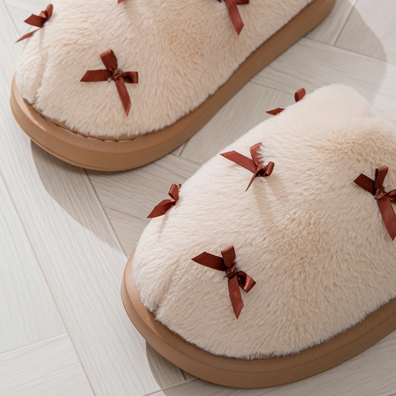 Fashion Bow Decor Fluffy Fur Slippers Women Winter Indoor Thick Bottom Warm Home Slides Woman Anti Slip Plush Couple Slippers
