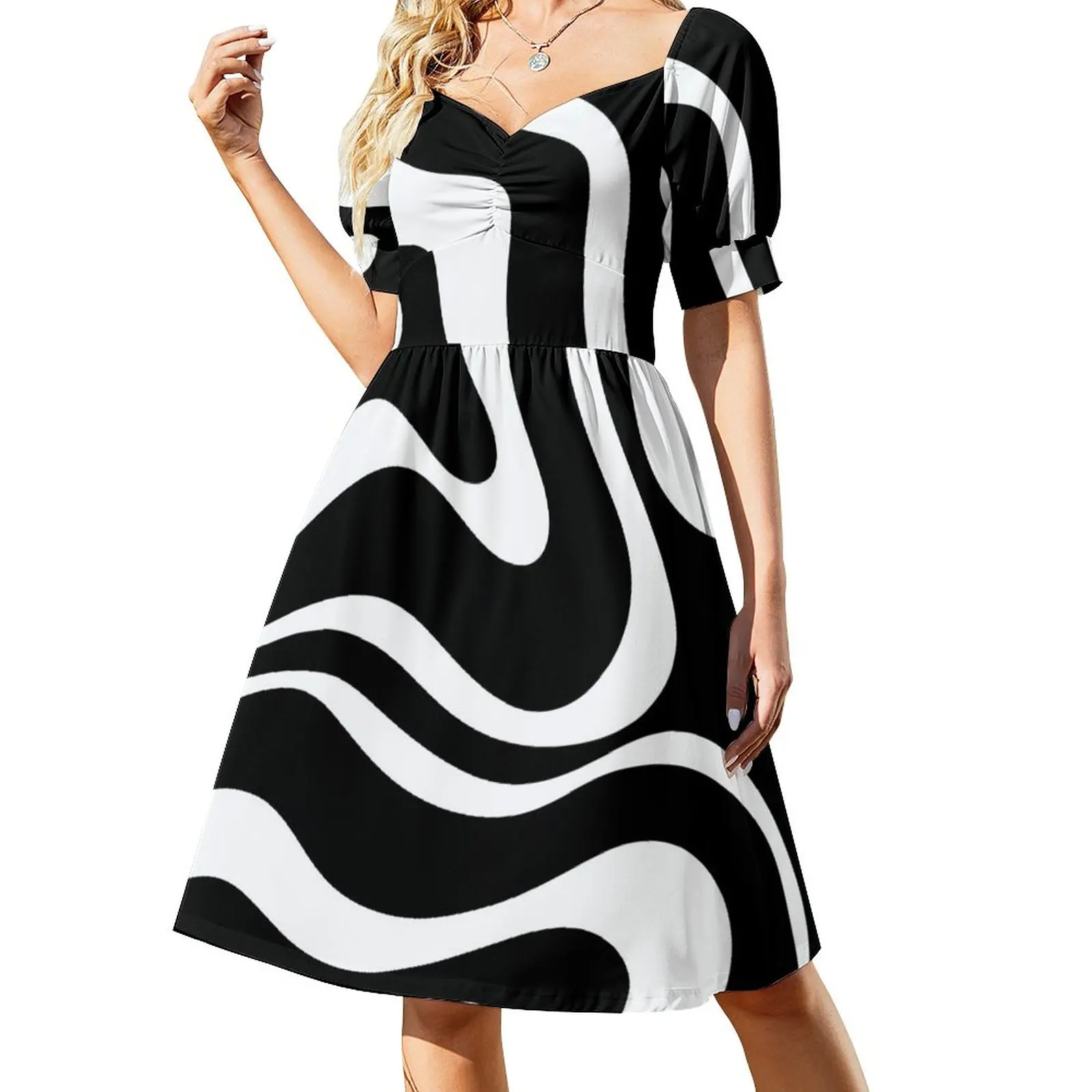 

Retro Modern Liquid Swirl Abstract Pattern Square in Black and White Sleeveless Dress elegant party dresses for women 2024