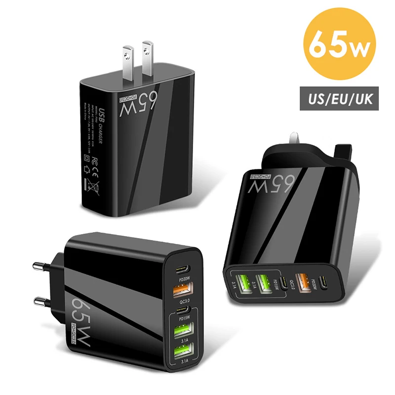 

EU/US/UK Super Fast Charging Adapter Wall PD 65W Mobile Phone USB Charger Quick Charging Stable for Xiaomi Huawei Apple Samsung