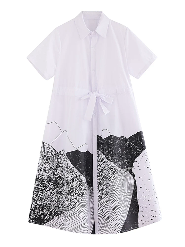 Black Print Pattern Shirt Dresses For Women New Korean Fashion Sash Short Sleeve Casual Loose Vintage Summer Dress Clothing 2025