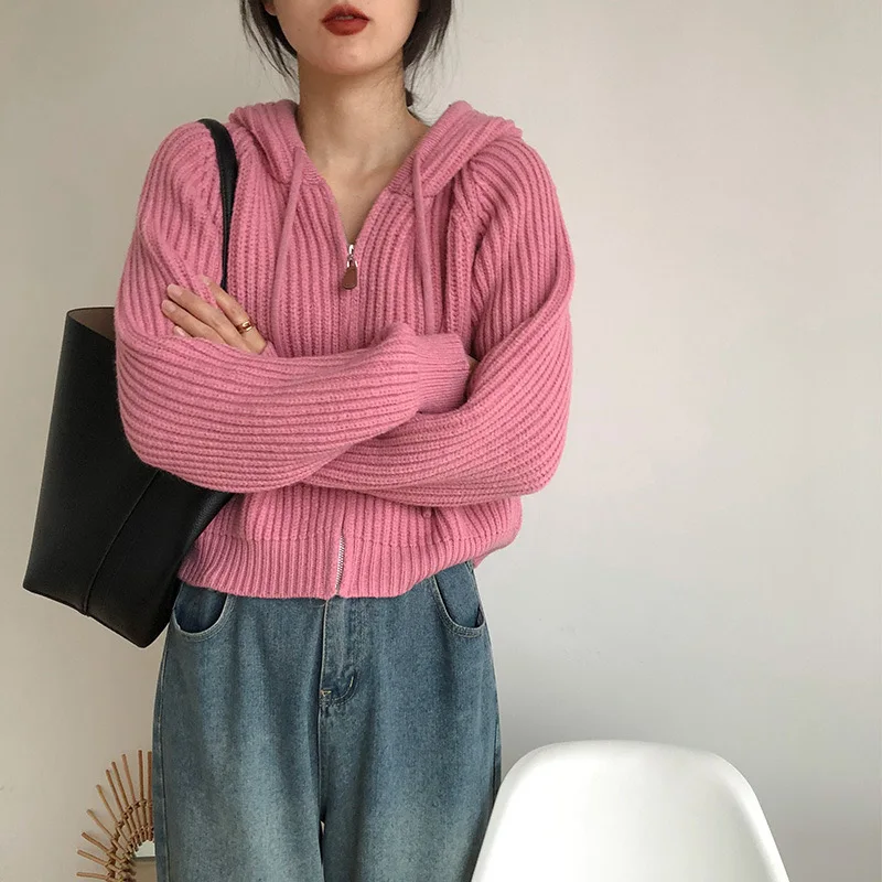 Gurovi 여성용 캔디 컬러 후드 레이스업 짧은 루즈한 두꺼운 지퍼 니트 카디건, 가을 겨울 달콤한 소프트 왁스 코트 스웨터