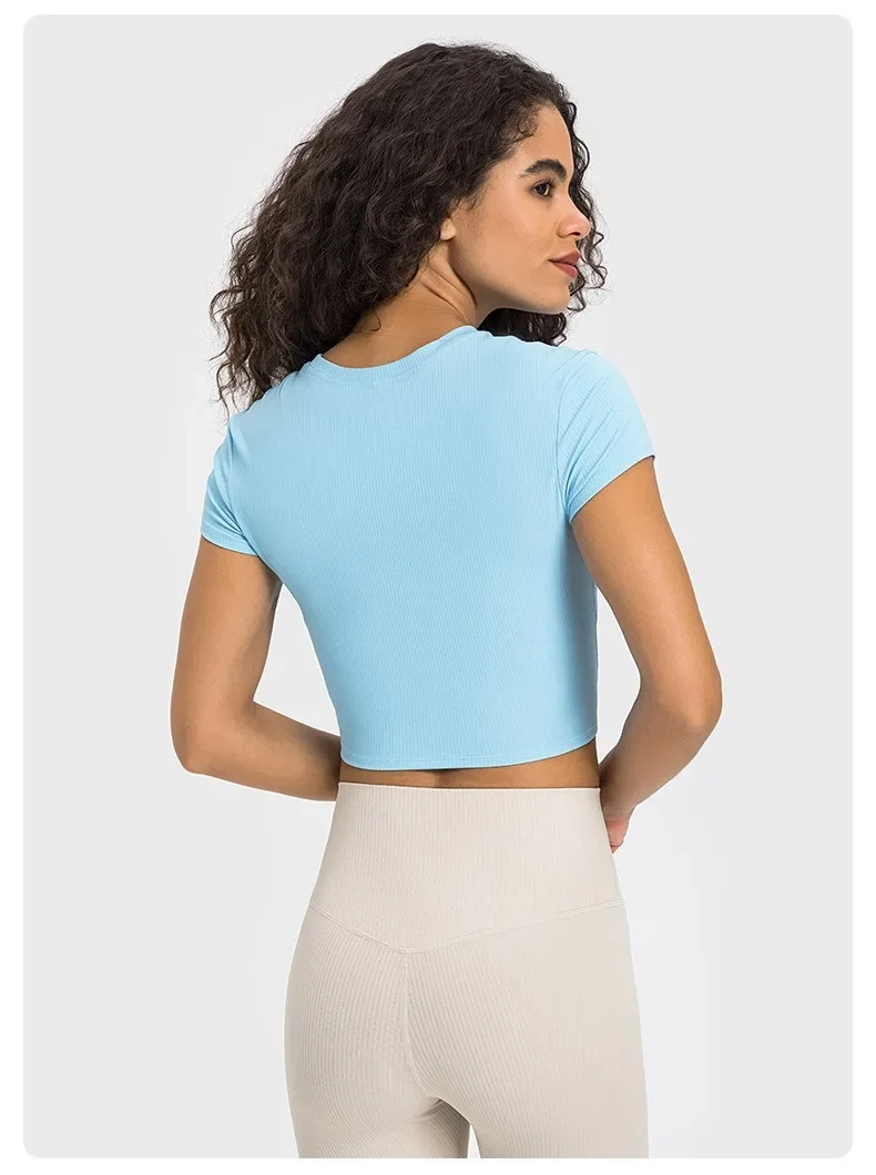Lemon Solid Color Short Sleeve Ribbing Fabric Women Fitness Crop Top Workout Tops Gym Clothes Sportswear Running T- shirts