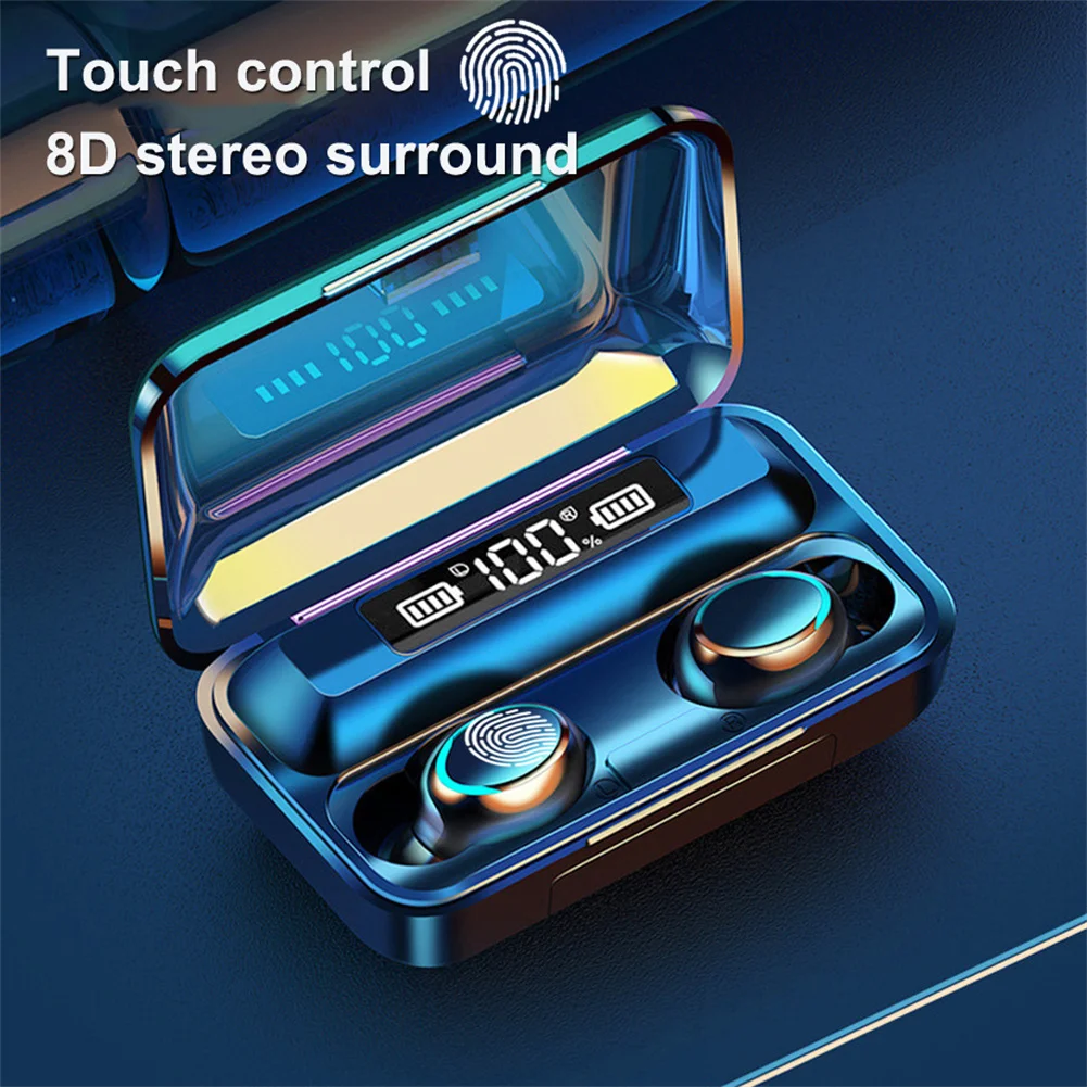 F9 무선 이어버드 CVC 8.0 소음 감소, 9D Hifi 스테레오 인이어 헤드폰, LED 전원 디스플레이, 방수 스포츠 헤드폰
