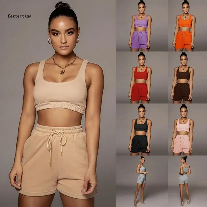 

B36D Summer Women 2 Piece Shorts Set Lounge Wear Tracksuits Casual Crop Top