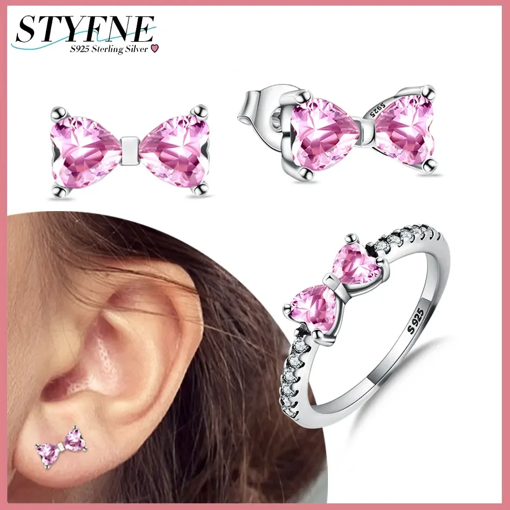 Sterling Silver 925 Romantic Pink Zircon Bow Ring and Earrings Original Jewelry Set For women's high-end fine jewelry gift