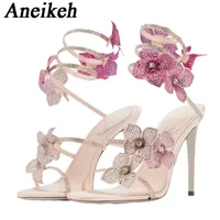 Aneikeh Sexy CRYSTAL Flower Narrow Band Ankle Strap Sandals Woman Thin High Heels Street Style  Pole Dancing Ladies Shoes - Image 6