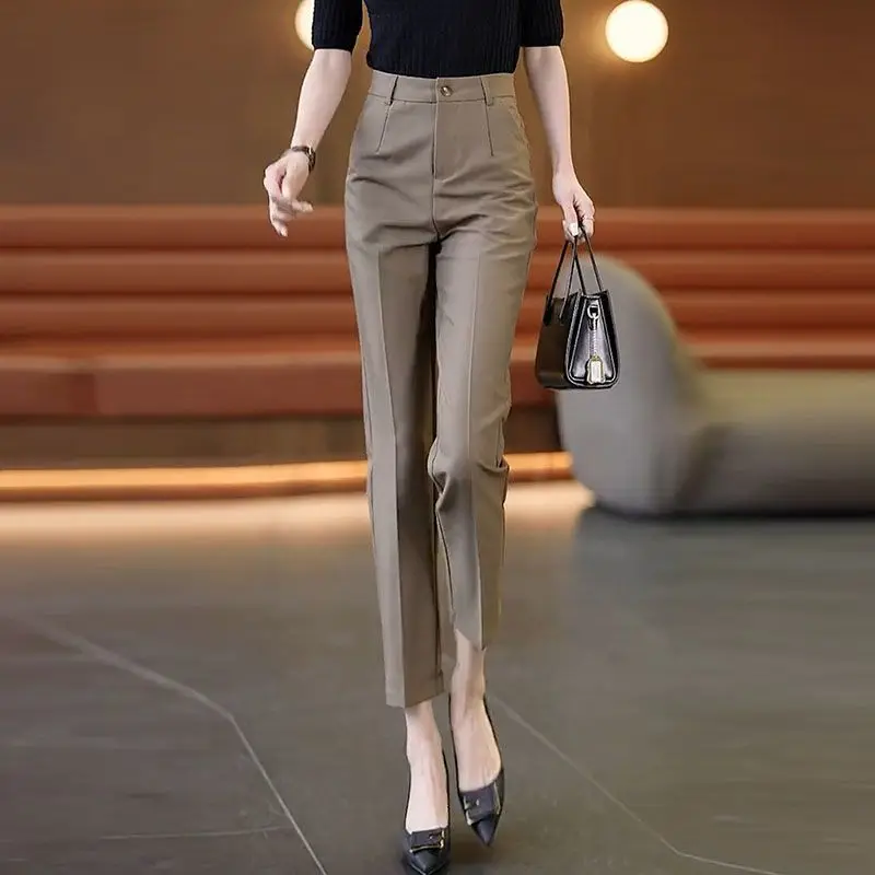2024 Spring Summer New Minimalist Commute Women's High-waisted Button Solid Color Straight Versatile Work Wear Harlan Suit Pants