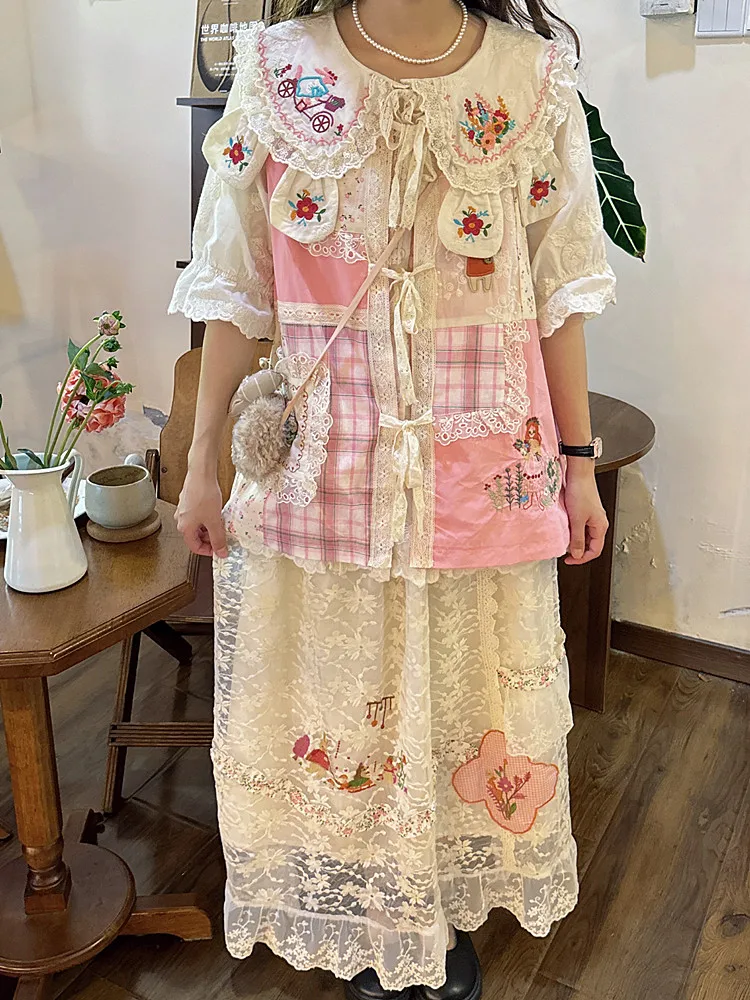 Girl's Floral Plaid Lace Splicing Vests Cute Rabbit Outerwear Vest Short-Sleeve Coat Shirts Sweet Skirts Nice Women's Skirt Sets