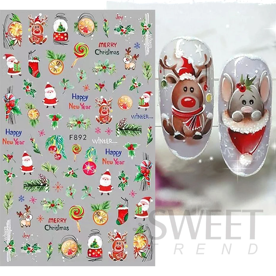 Nail Stickers Nail Art Decoration Nail Decals Merry Christmas Penguin Nail Art Sticker 3D Slider Deer Santa Claus Decal New Year Nail Decorations Sticker Manicure Accessories