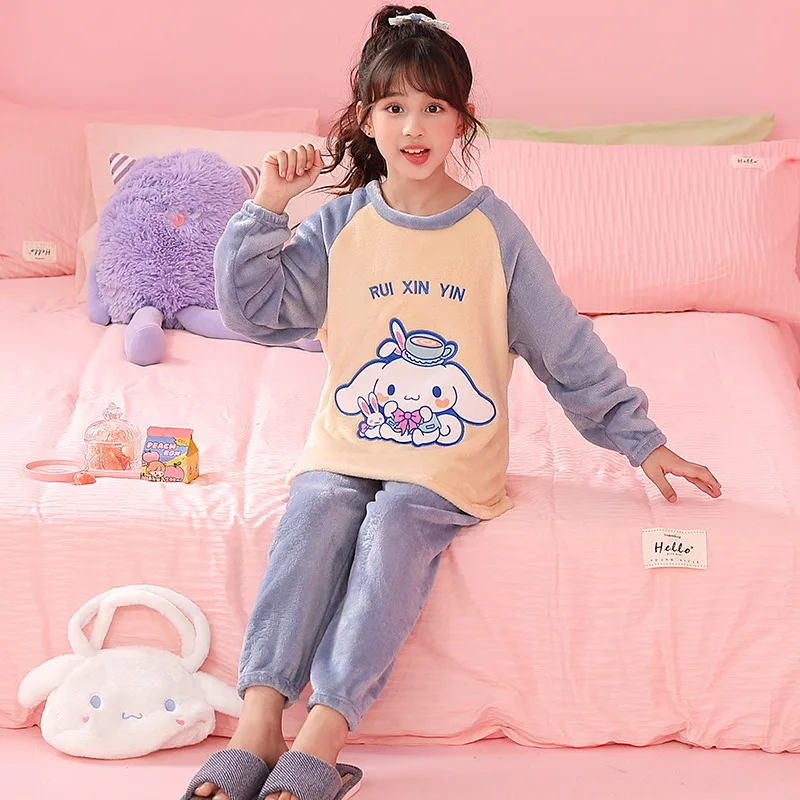 

Autumn Winter Children Pajamas Set Kawaii Anime Kuromi Cinnamoroll My Melody Boys Girls Flannel Sleepwear Kids Warm Home Clothes