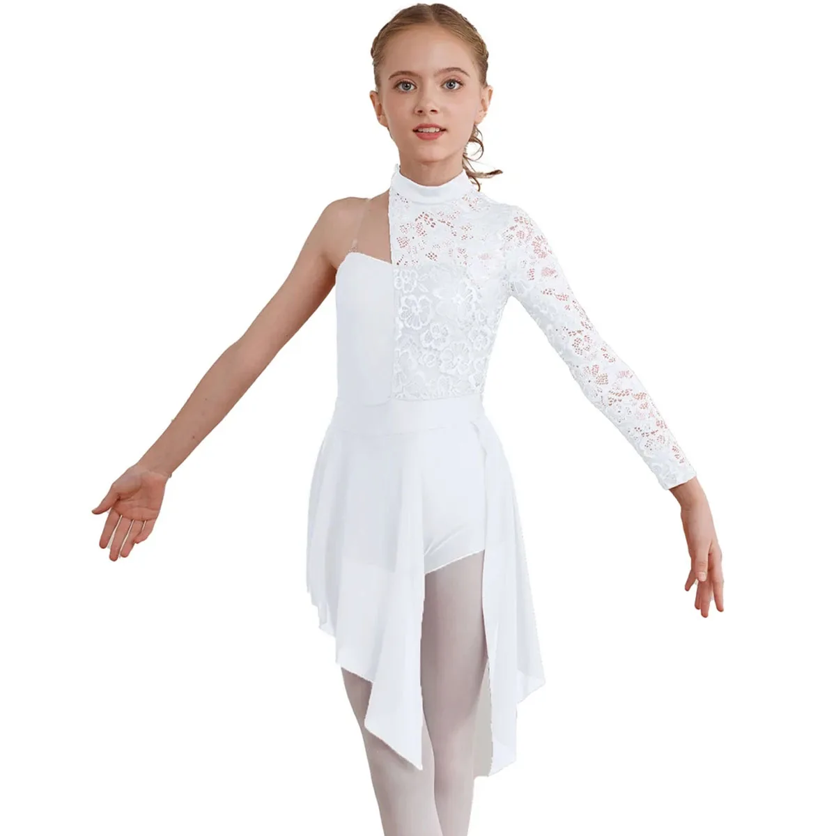 Kids Girl One Shoulder Lyrical Modern Dance Dress Lace Asymmetric Split Ballet Gymnastics Figure Skating Leotard Dress Dancewear dance leotard