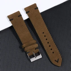 Vintage - Style Suede Leather Watch Strap with Handmade Stitching - Black Buckle (Brown - Black)