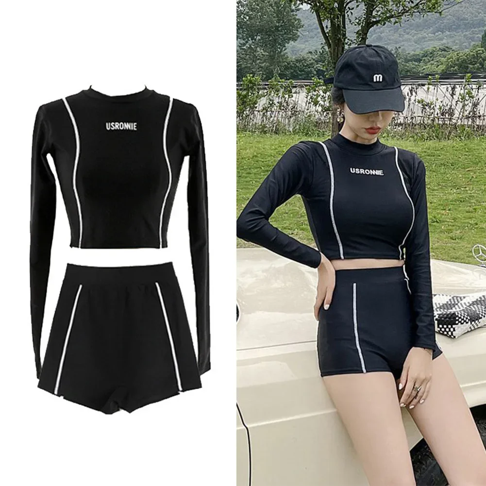 Two-Piece Women's Swimming Suit Ladies Patchwork Long Sleeve Swimwear Sports Pool Beachwear Two Piece Swimsuit With Shorts - 2