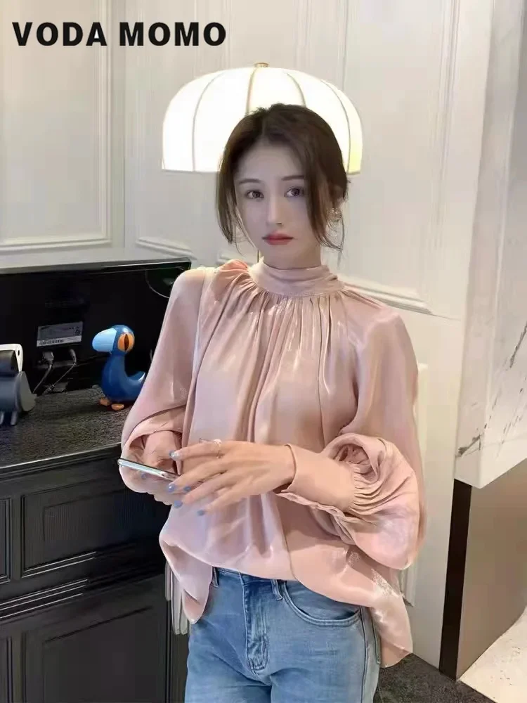 새로운 랜턴 슬리브 보우 레이스 업 셔츠 여성 기본 우아한 셔츠 루즈 한 여성 블라우스 봄 여름 부드러운 통근 바람 모든 경기