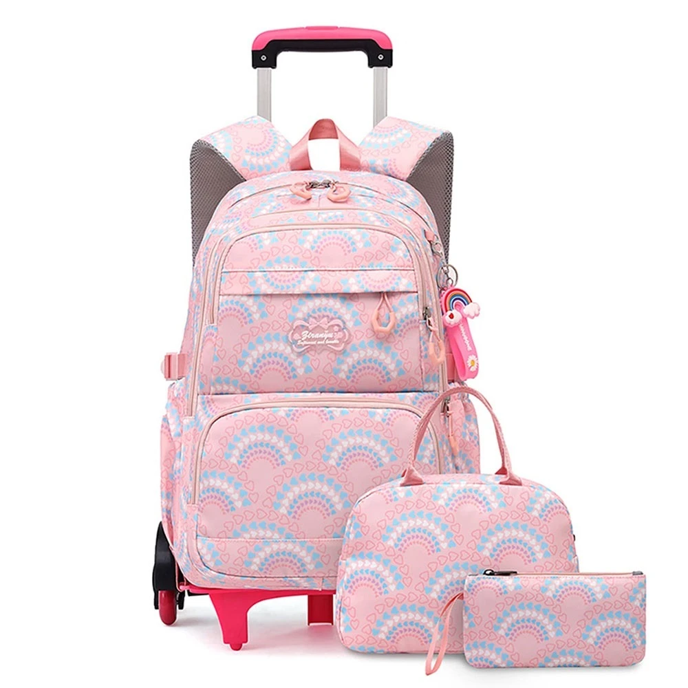 3PCS Girls Rolling Backpack Elementary Student Schoolbag Travel Trolley