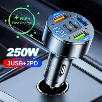 Caricabatterie per Auto 250W 5 Porte Ricarica Rapida PD QC3.0 USB C Adattatore Caricatore per Telefono con Indicatore di Tensione per iPhone Samsung Huawei Xiaomi