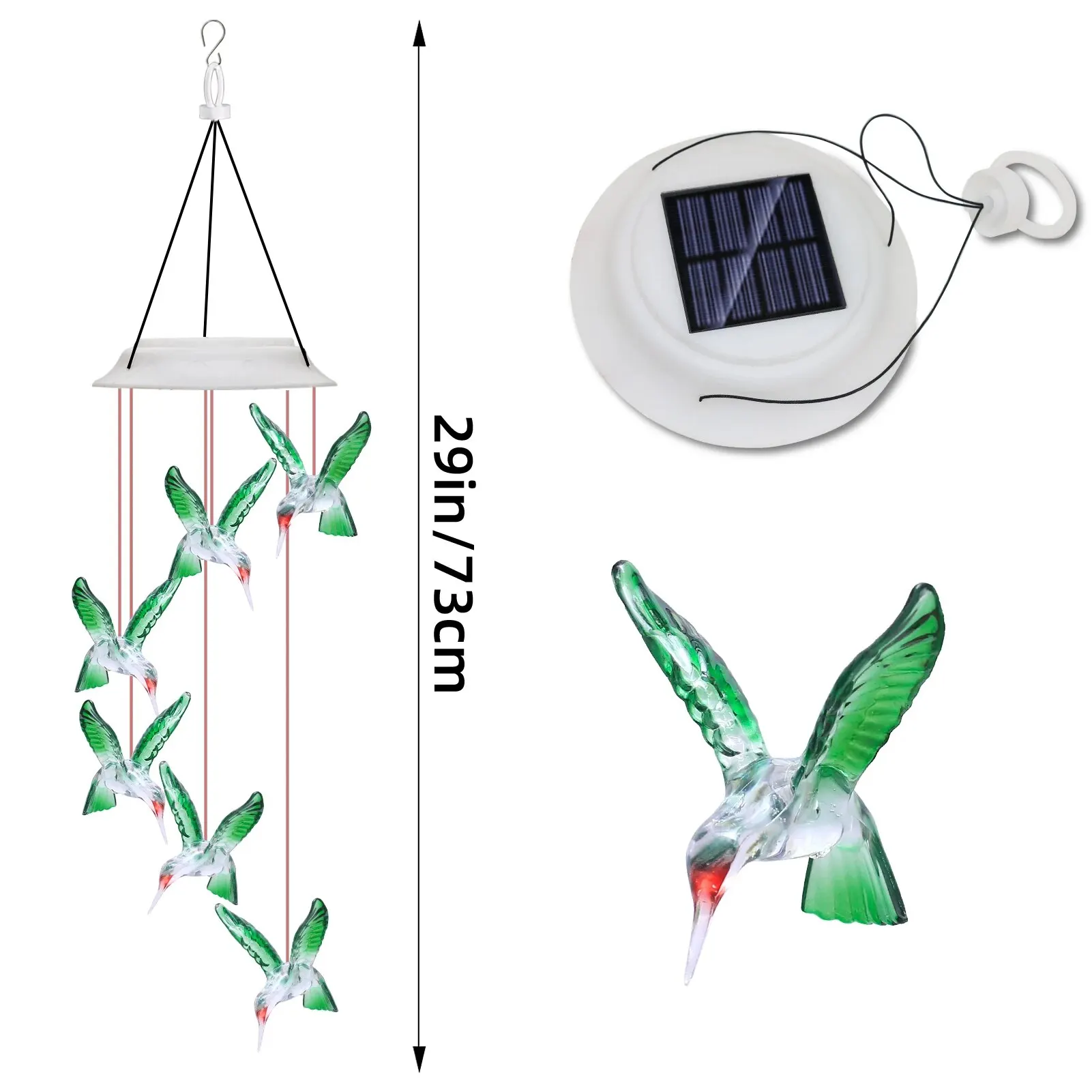 Outdoor Wind Chimes Solar Powered Waterproof and Color Changing Hummingbird for Garden Decoration Gifts