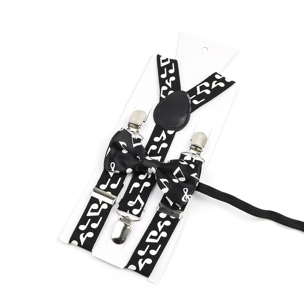 Black white Suspender Bowtie Set For Men Women Girl Boy Musical Note Adjustable Elastic Y-Back Braces Suit Skirt Accessories