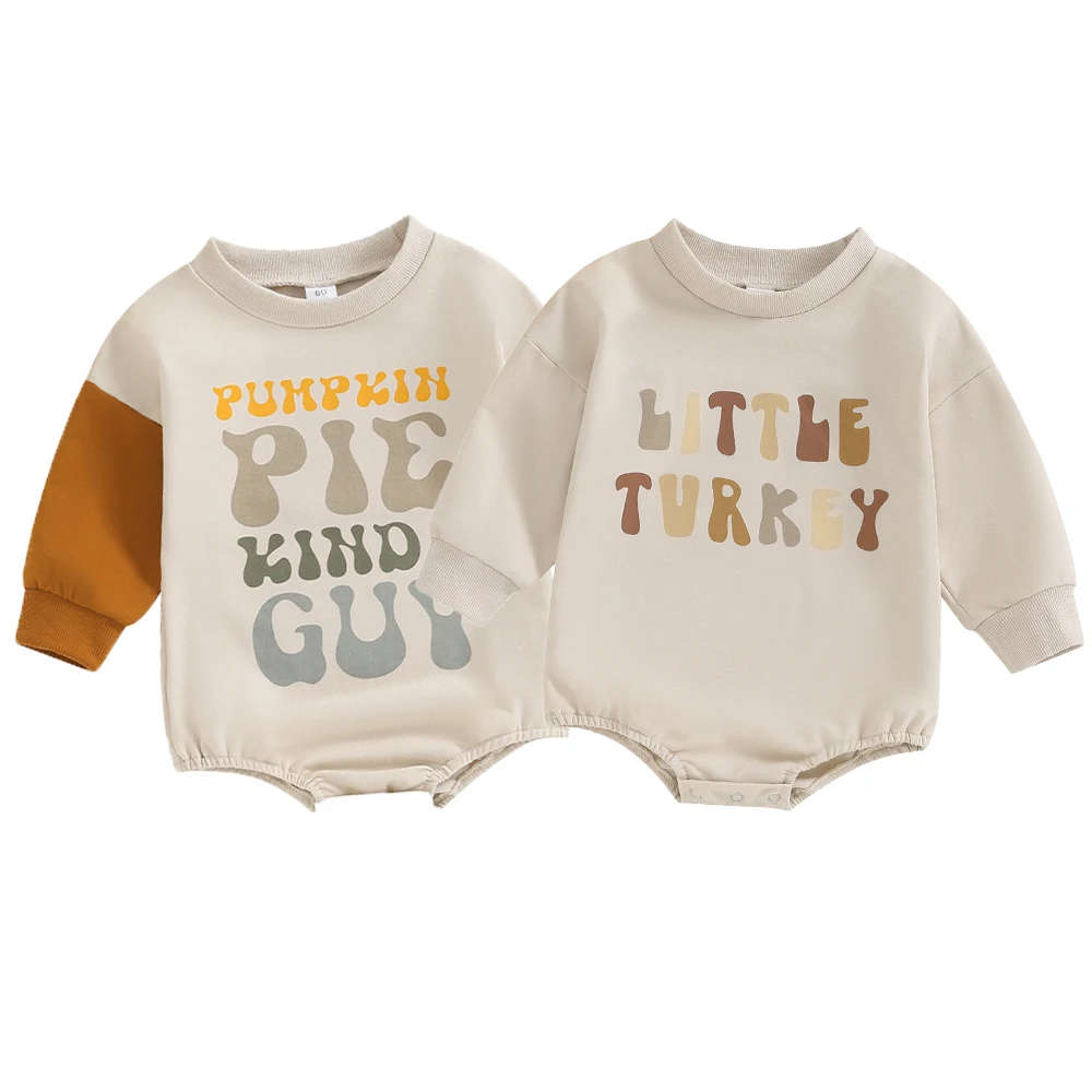 

2023 Newborn Baby Boys Girls Thanksgiving Day Rompers Clothes Letter Print Patchwork Loose Cotton Sweatshirts Jumpsuits Costume