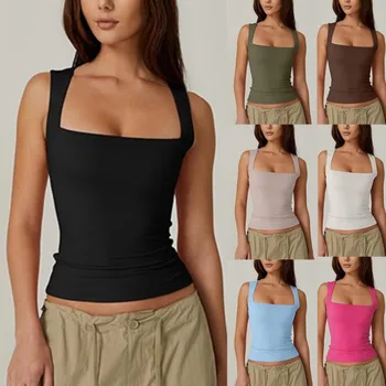 2026 Summer Women's Square Neck Sleeveless Double Layer Tank Top Basic Tight T-shirt Y2k Goth Tank Top Women  Crop Tops