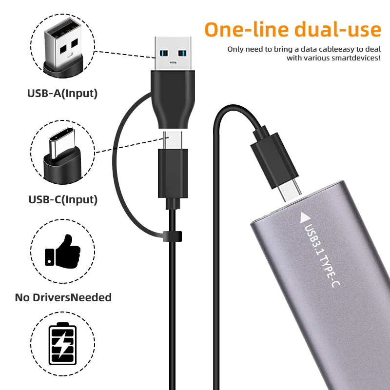 M2 NVMe SSD 케이스 10Gbps HDD 박스 M.2 NVME NGFF-USB 3.1 외부 SSD 인클로저 타입-A-타입-C 케이블 (2230/2242/2260/2280 호환)