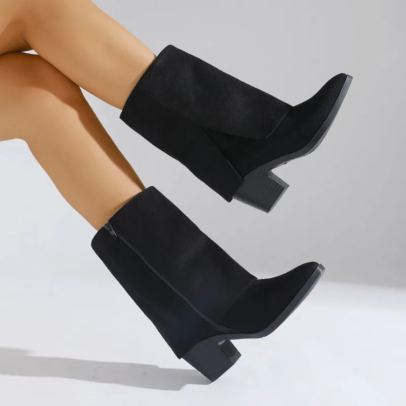 Women's Fashion Boots	Pointed Toe Rough Heel Side Zipper Short Boots Fashion Retro New Autumn and Winter Plus-size Trouser Boots