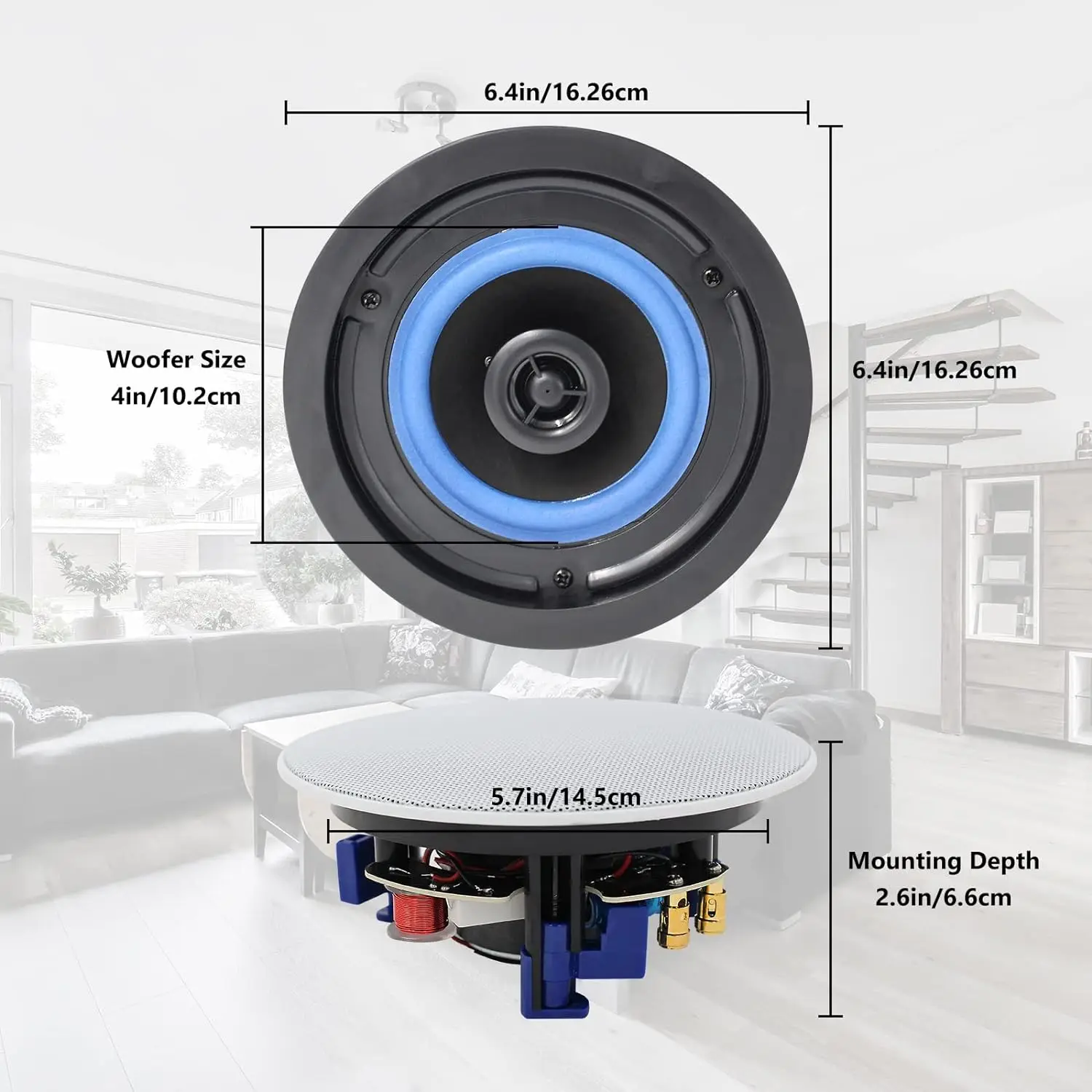 Herdio 4 Inch 320 Watts 2-Way Flush Mount Ceiling Speaker Package For Home Theater System Living Room Office Flush Mount Perfect