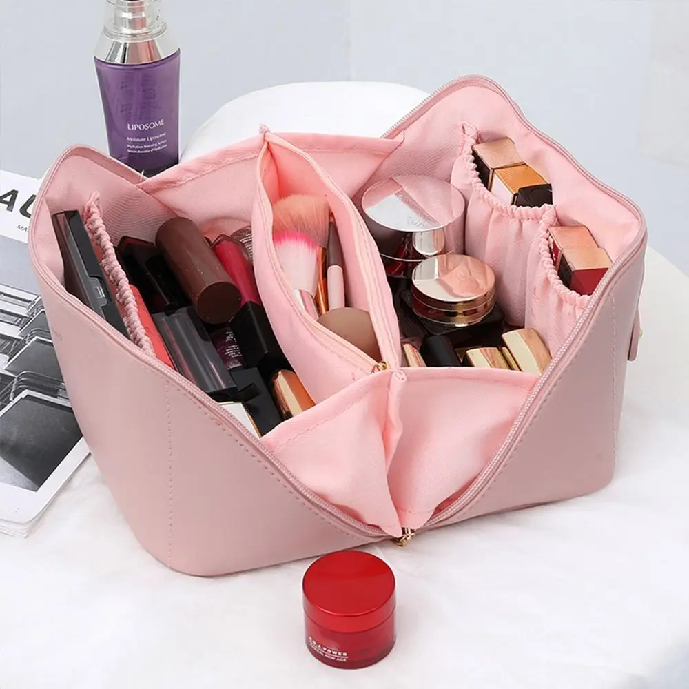 Large Portable Makeup Bag with Toiletries Brushes Slots and Divider-Pink