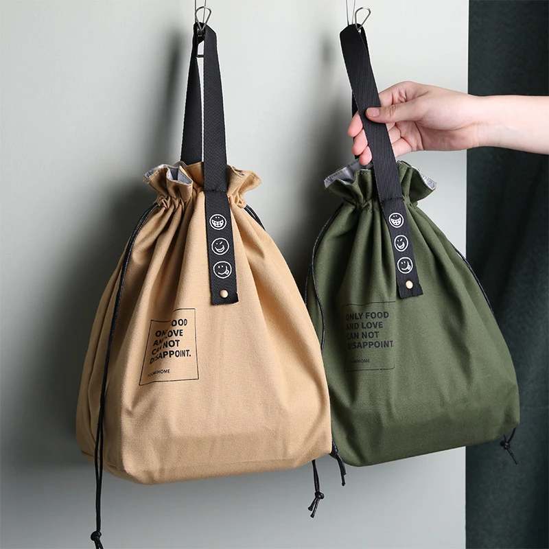 

Insulated Bento Bag Adjustable Wide Opening Canvas Drawstring Design Lunch Bag School Lunch Handbag Picnic Accessories