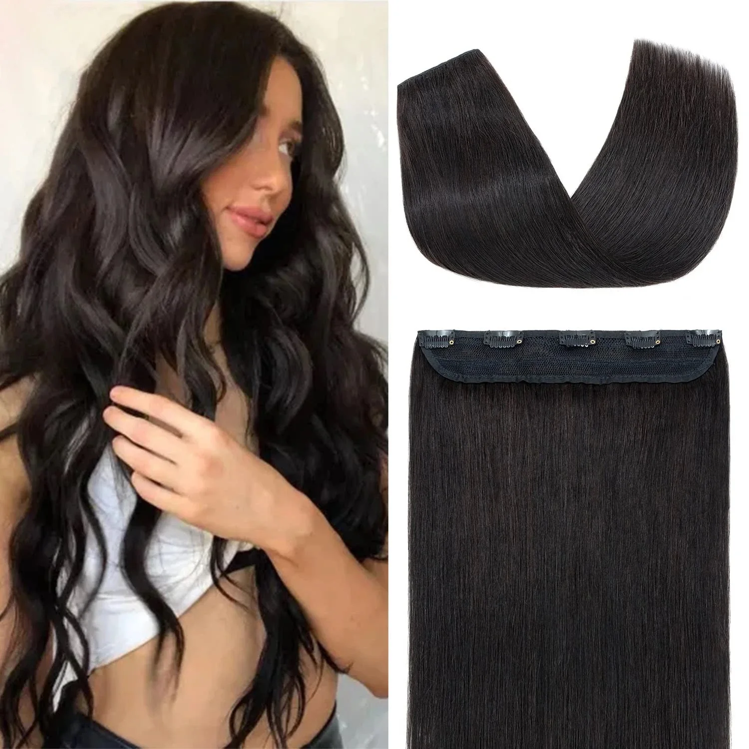 One Piece Clip in Human Hair Extensions 5 Clips 16-26 Inch Natural Color #1B 3/4 Full Head Thick Soft Silky Straight Hair