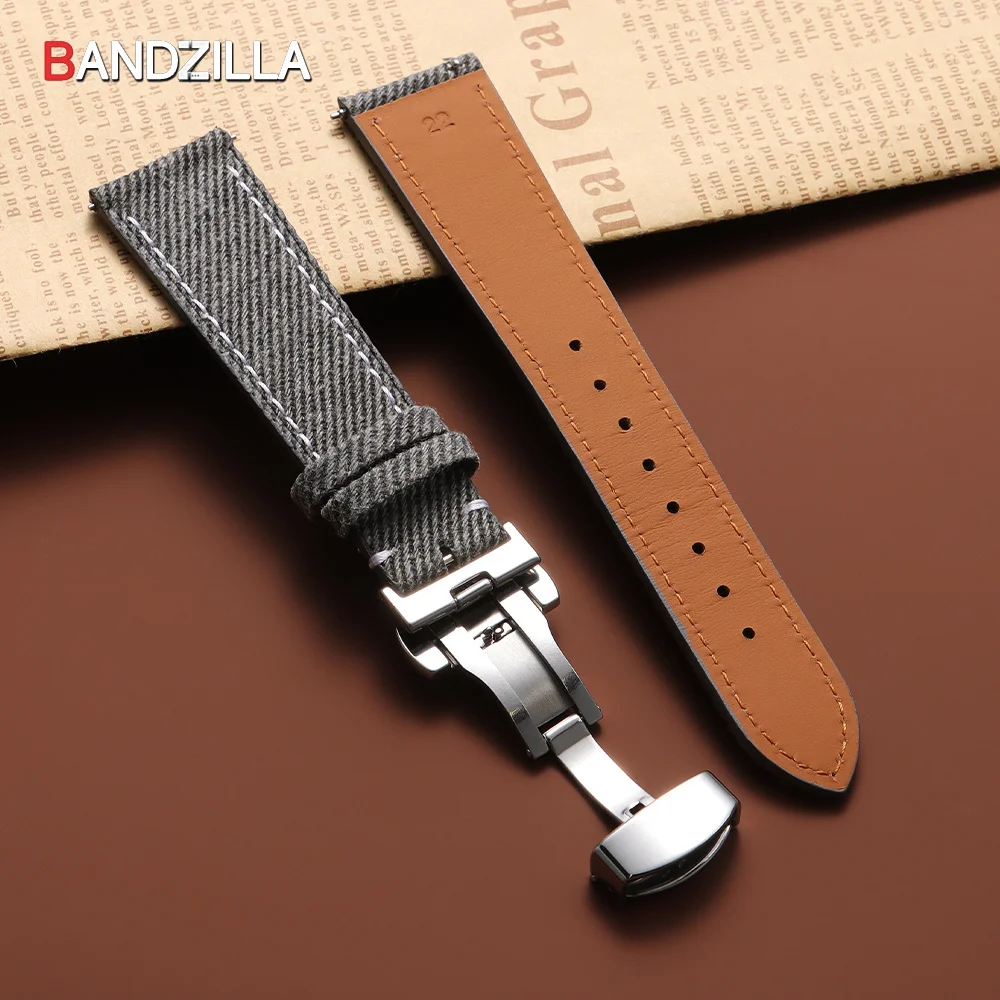 Elegant Denim Sailcloth Leather Watch Strap - Butterfly Buckle, Sport & Business Style