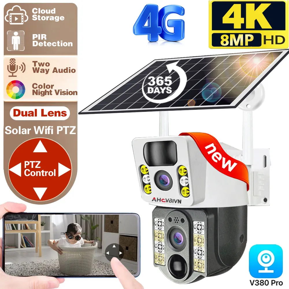 4K 8Mp V380 Pro 4G Sim Card Solar Ptz Powered Camera Home Security Dual Lens Telecamera Solare Telecamera Impermeabile Esterna Ricaricabile