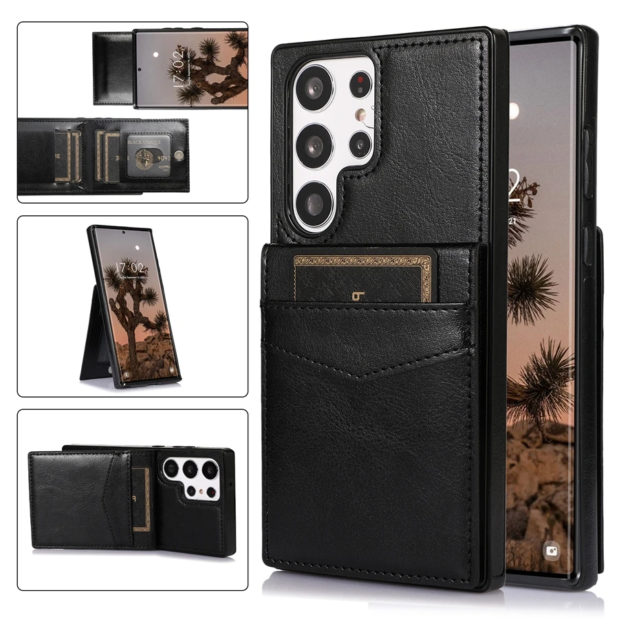Elegant Solid Color Leather Wallet Case with Card Flip and Bracket