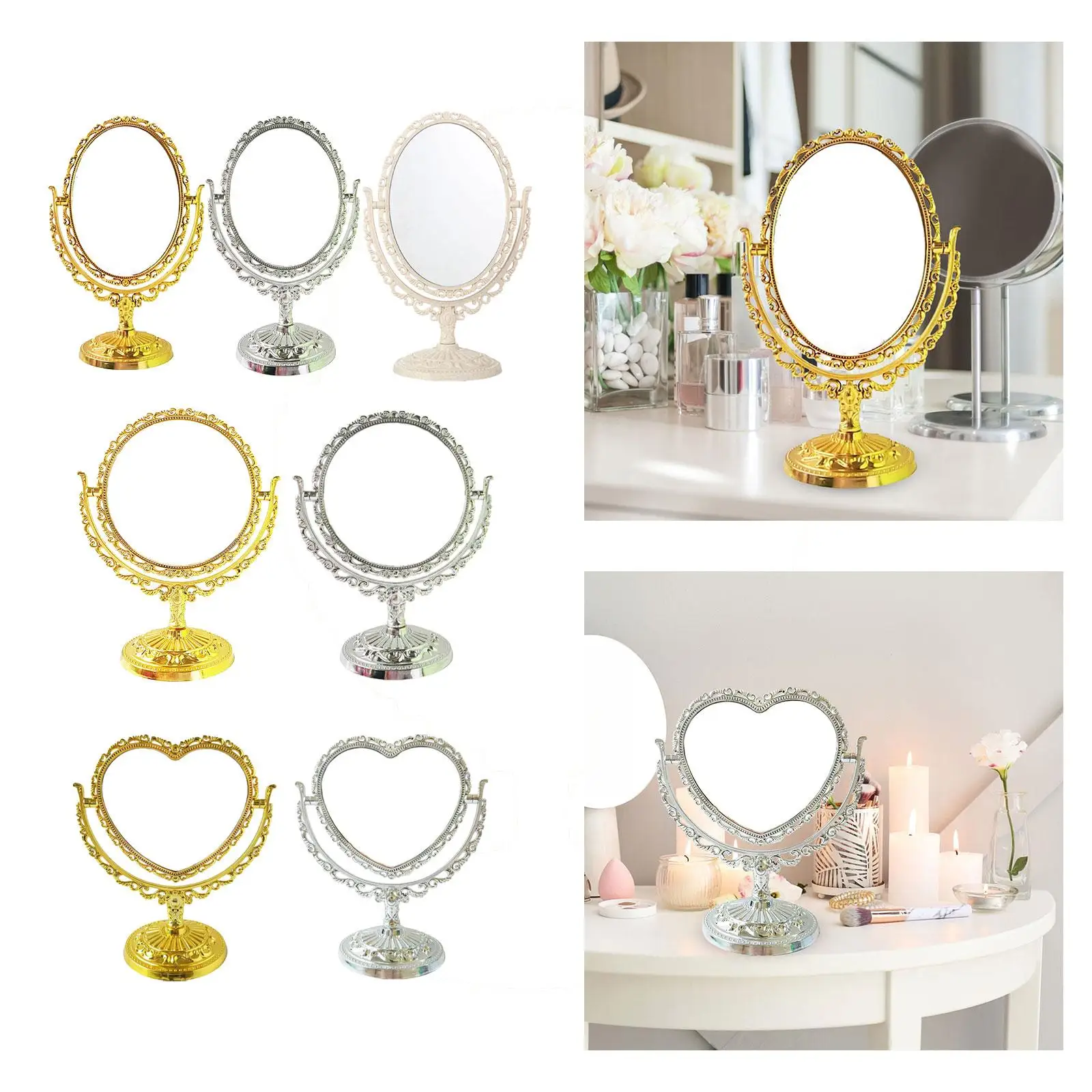 Tabletop Makeup Mirror Elegant Decorative 360 Degree Rotation Desktop Stand Mirror for Vanity Bedroom Bath Hotel Dressing Room