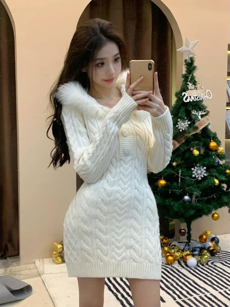 

2023 Winter Knitted Sweater Dress Hooded Women Slim Bodycon Y2k Mini Dress Faux Fur Female One Piece Dress Korean Elegant