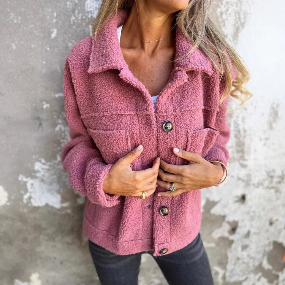 Women Autumn Winter Fleece Coat Long Sleeve Button Pocket Outwear