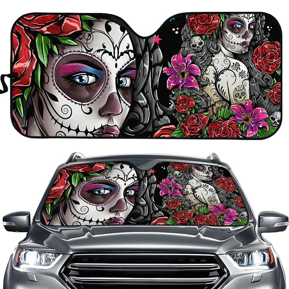 

Day of the Dead Sugar Skull Car Sun Shade Windshield Fold-up Sunshade for Windshields Women Girly Accessories Covers