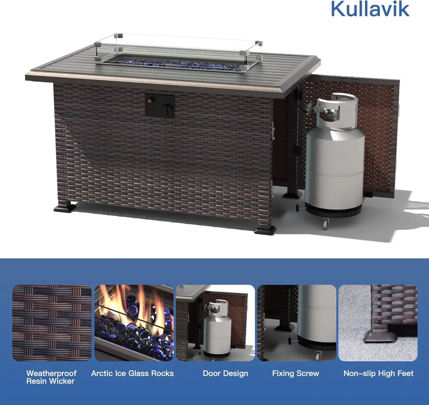 13 Pieces Outdoor Patio Furniture Set with 43" 55000BTU Gas Propane Fire Pit Table PE Wicker Rattan Sectional Sofa Patio