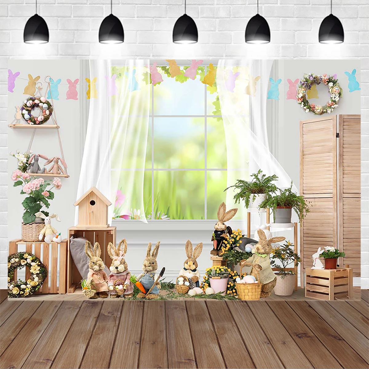 Easter Bunny Egg Decorato Festival Party Background Poster Spring Green Window Indoor Studio Fotografia Sfondo Bambino Foto