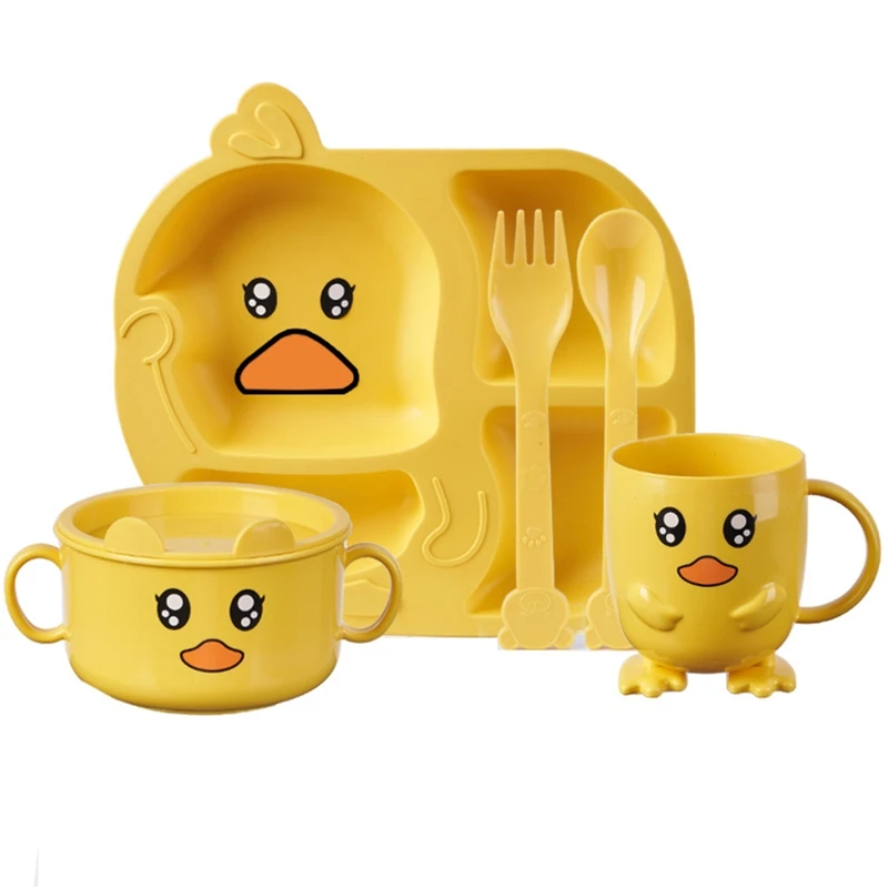 

Cartoon Duck Bowl Cup Spoon Fork for Baby Kindergarten Divided Dinner Plate Anti-fall Tableware