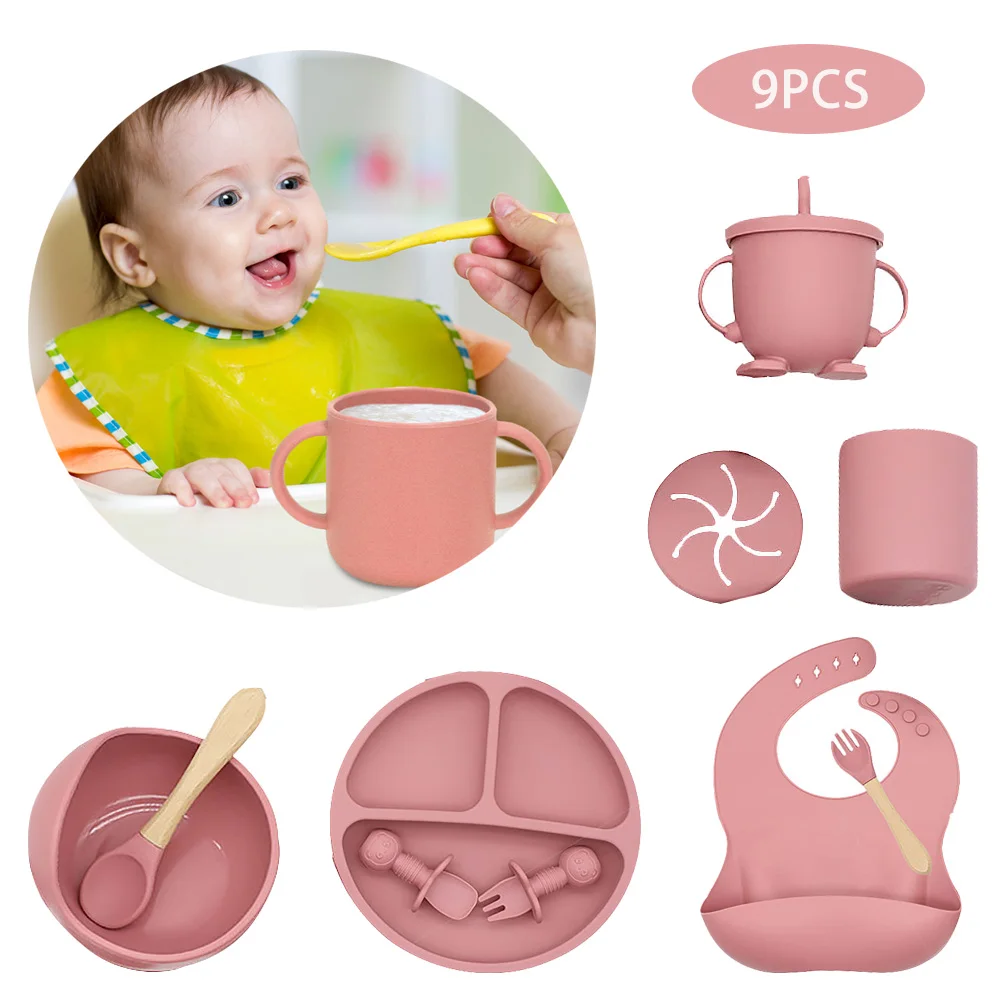9PCS Silicone Baby Feeding Tableware Bib Set Leakproof Learn Feeding
