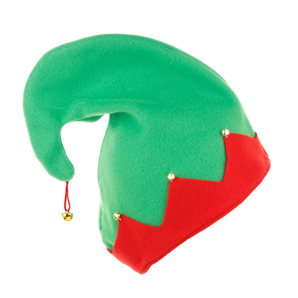 Men Women Elf Cap Plush Made with Metal Bell Decoration Contrast Color Curled Peak Christmas Santa Hat Festival Accessories