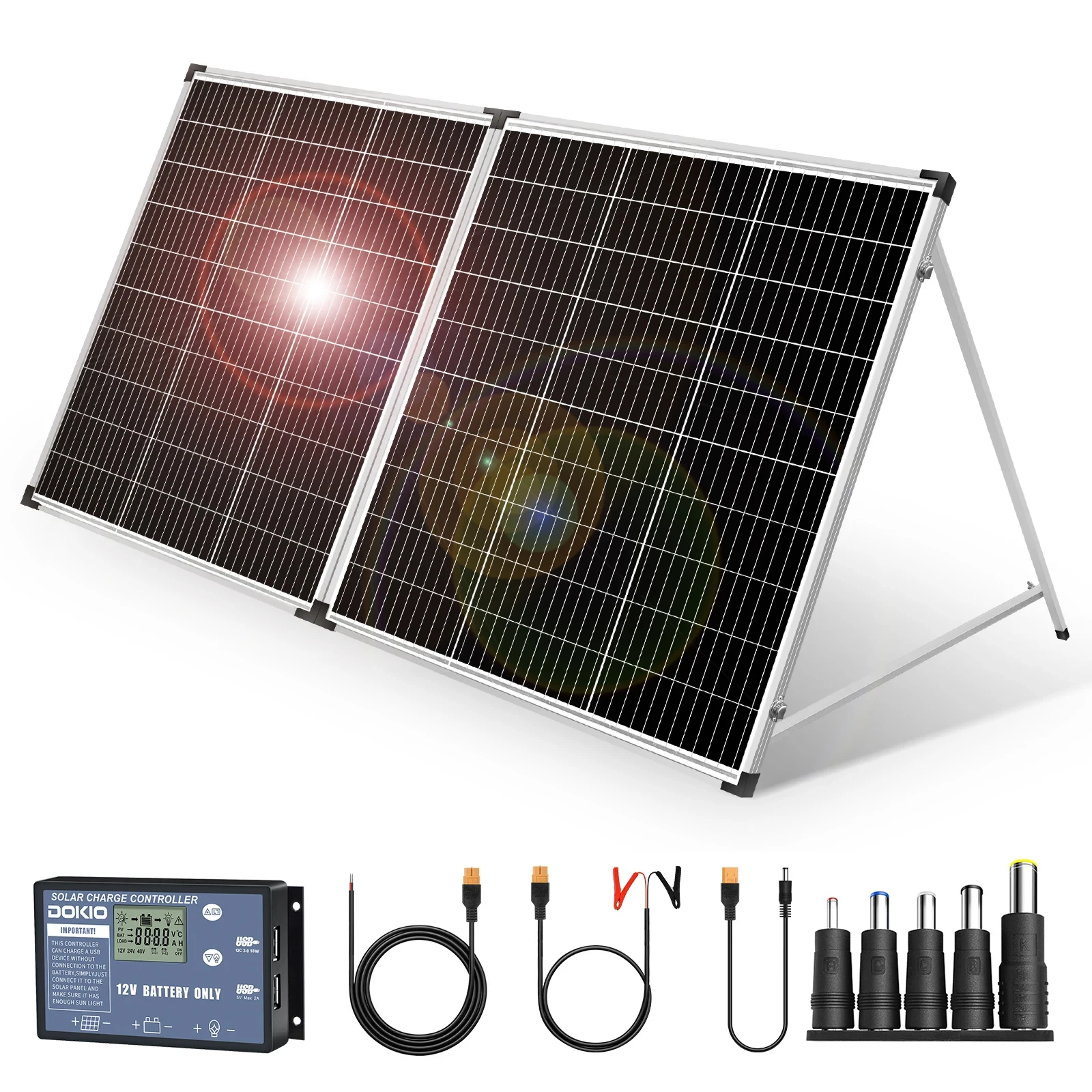 DOKIO FSP-100x2M 2Pcs x100W Foldable Solar Panel +20A 12V Charge Controller folding solar panel Cell System Charger Kit Complete