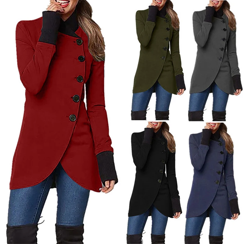 

2023 Women's New Autumn/Winter Solid Color Single Breasted Splicing Under Spout Long Sleeves Warm Classic Jacket Wear Coat S~3XL