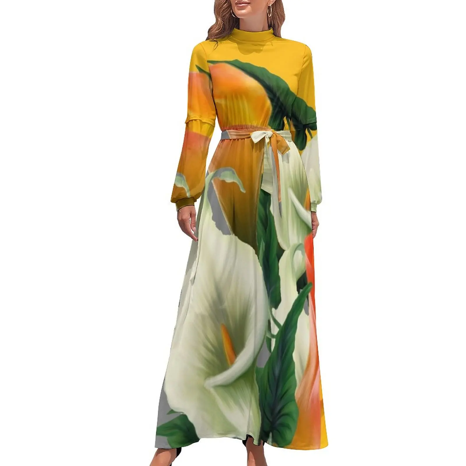 

WHITE-ORANGE CALLA LILIES GREY-GOLDEN GARDEN Long Dress luxury evening dresses 2024 luxury evening dresses for women 2024